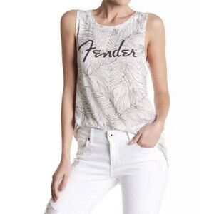 Fender X Lucky Brand Linen Blend White Black Leaves Distressed Band Tank Top M